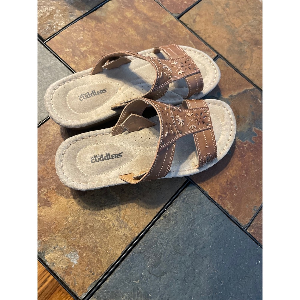 Women's cuddles comfort slide sandal leather adjustable strap size 7 w